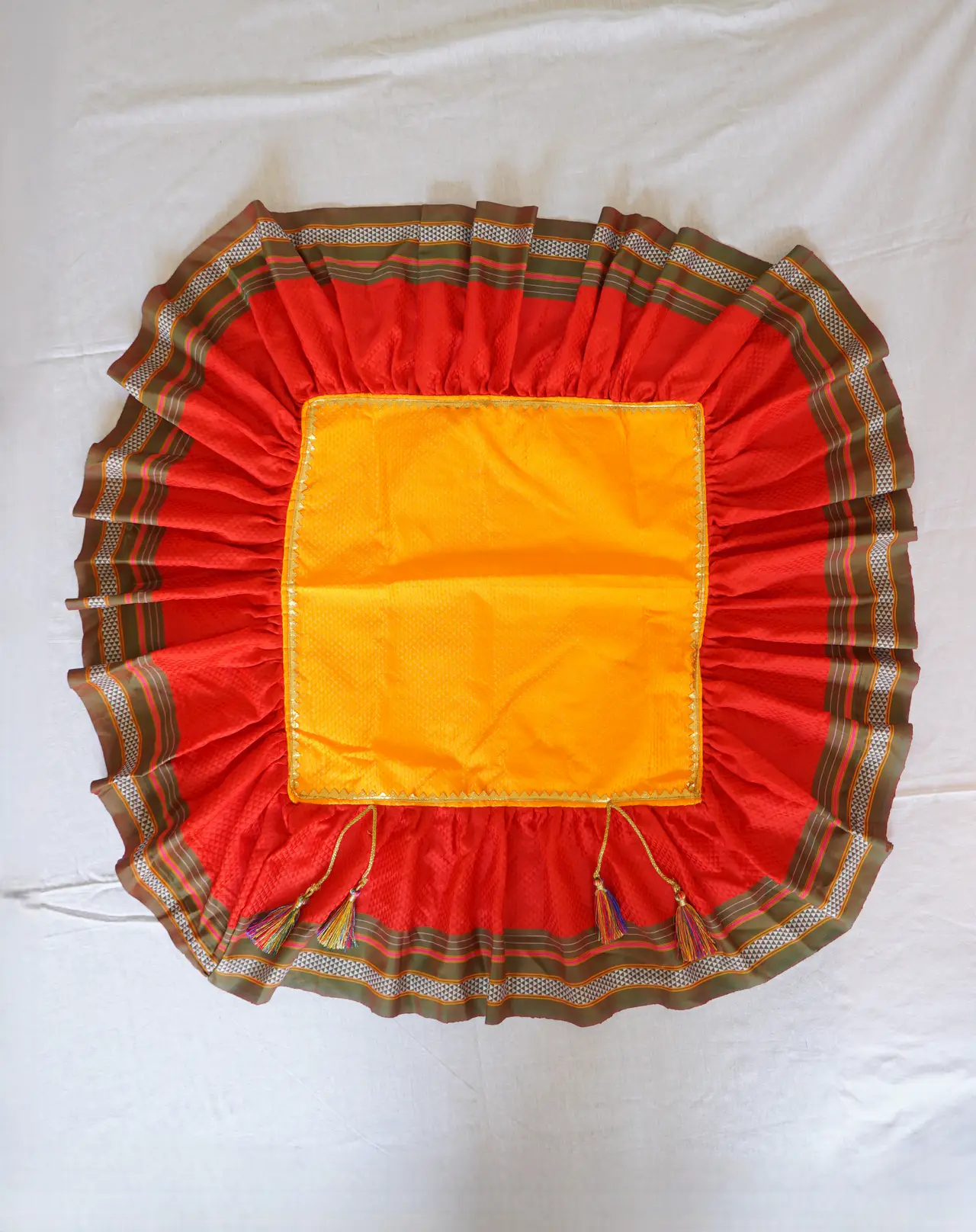 Handcrafted Paithani Red Yellow Chaurang Aasan — made by Hirakani Foundation artisans, Nashik