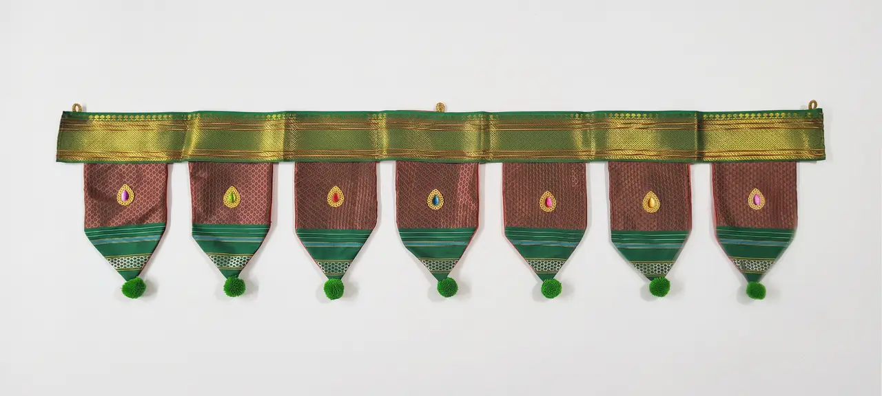 Handcrafted Paithani Brown Border Green Door Toran — made by Hirakani Foundation artisans, Nashik
