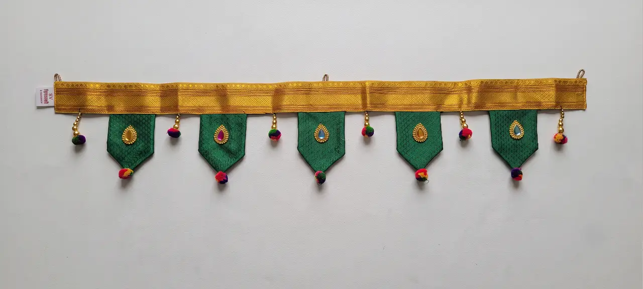 Handcrafted Paithani Dark Green Gold Dev Ghar Toran — made by Hirakani Foundation artisans, Nashik