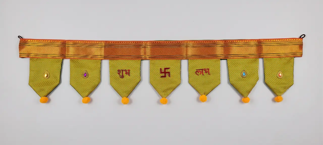 Handcrafted Paithani Olive Orange Door Toran — made by Hirakani Foundation artisans, Nashik