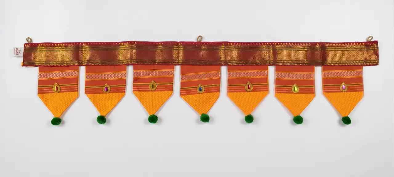 Handcrafted Paithani Orange Border Red Door Toran — made by Hirakani Foundation artisans, Nashik