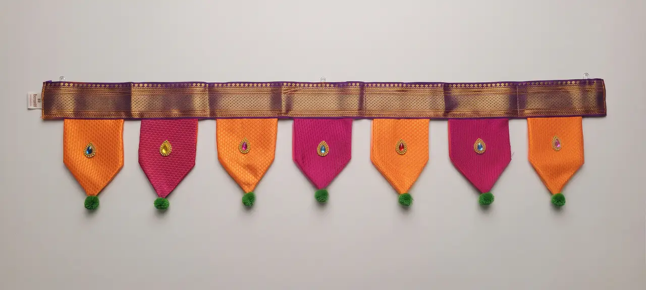 Handcrafted Paithani Orange Pink Purple Door Toran — made by Hirakani Foundation artisans, Nashik
