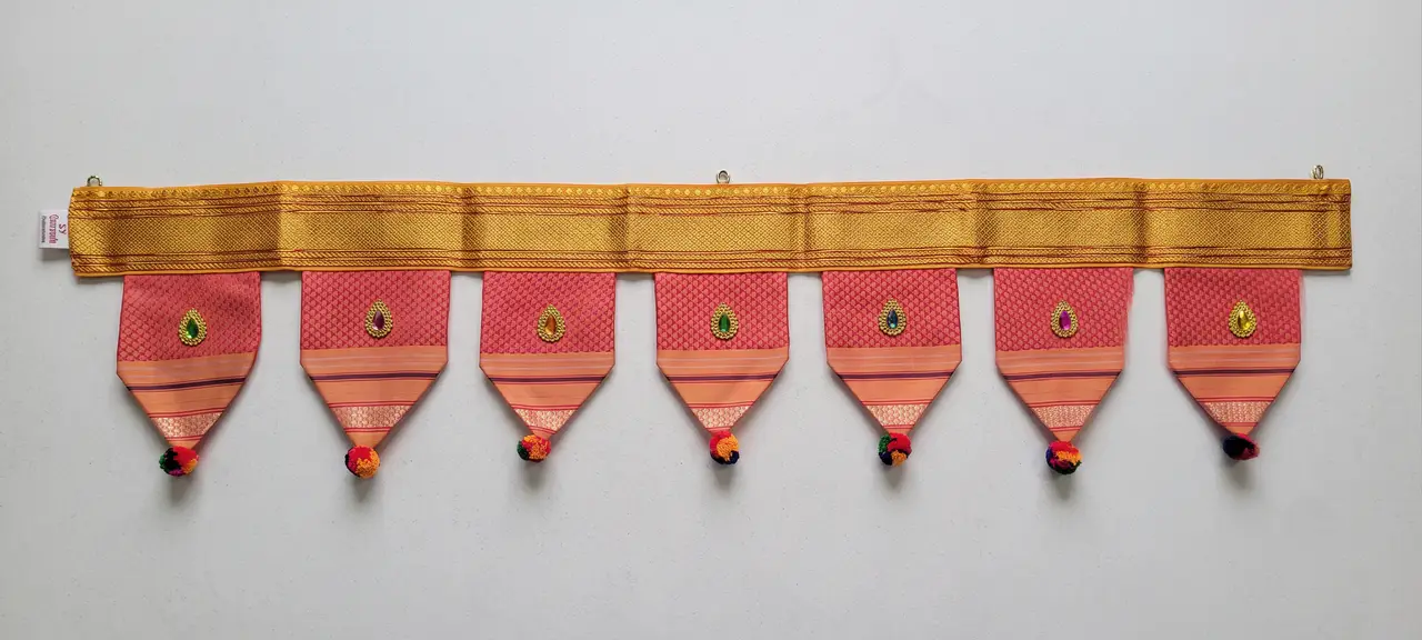 Handcrafted Paithani Peach Border Gold Door Toran — made by Hirakani Foundation artisans, Nashik