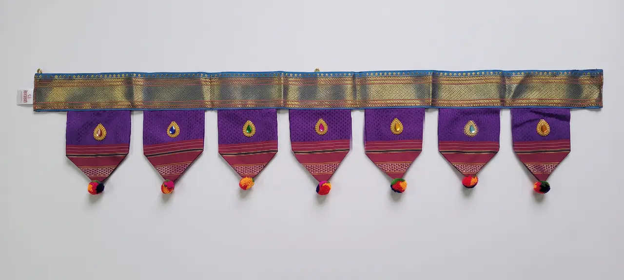 Handcrafted Paithani Purple Border Blue Door Toran — made by Hirakani Foundation artisans, Nashik