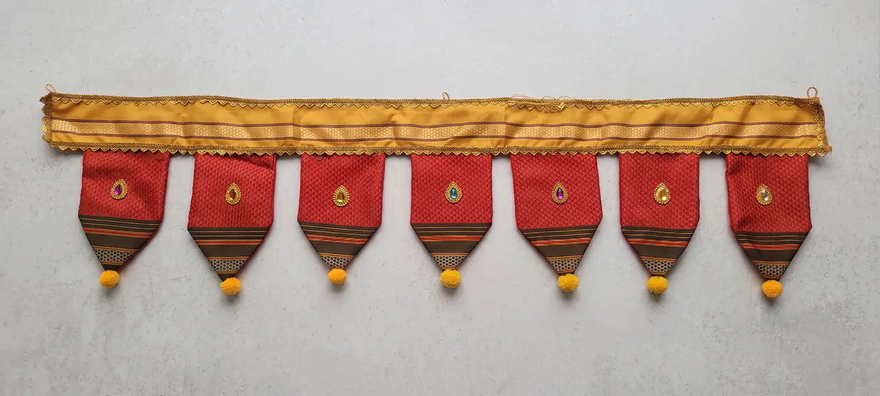 Handcrafted Paithani Red Border Gold Door Toran — made by Hirakani Foundation artisans, Nashik