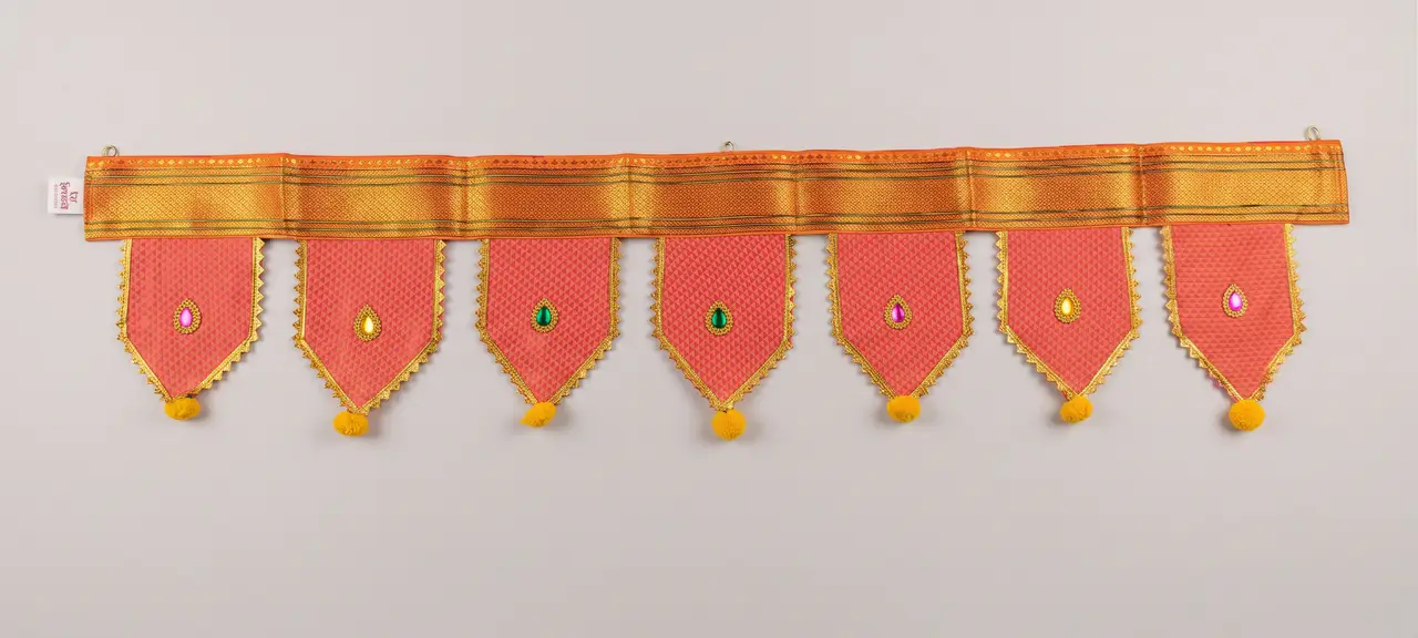 Handcrafted Paithani Rose Gold Lace Door Toran — made by Hirakani Foundation artisans, Nashik