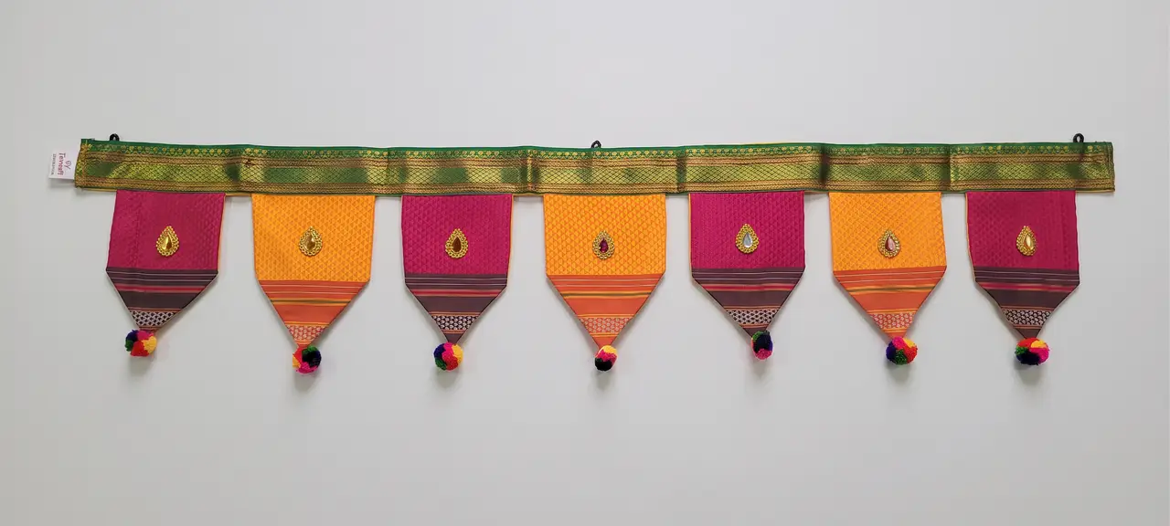 Handcrafted Paithani Yellow Pink Green Door Toran — made by Hirakani Foundation artisans, Nashik