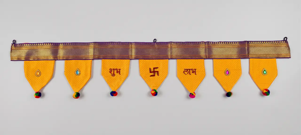 Handcrafted Paithani Yellow Purple Door Toran — made by Hirakani Foundation artisans, Nashik