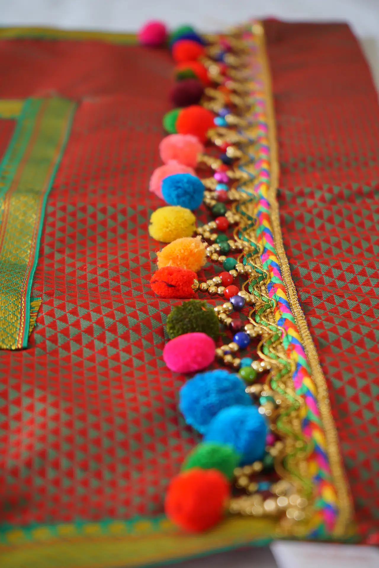 Handcrafted Paithani Brown Green Beeds Backdrop thumbnail 4