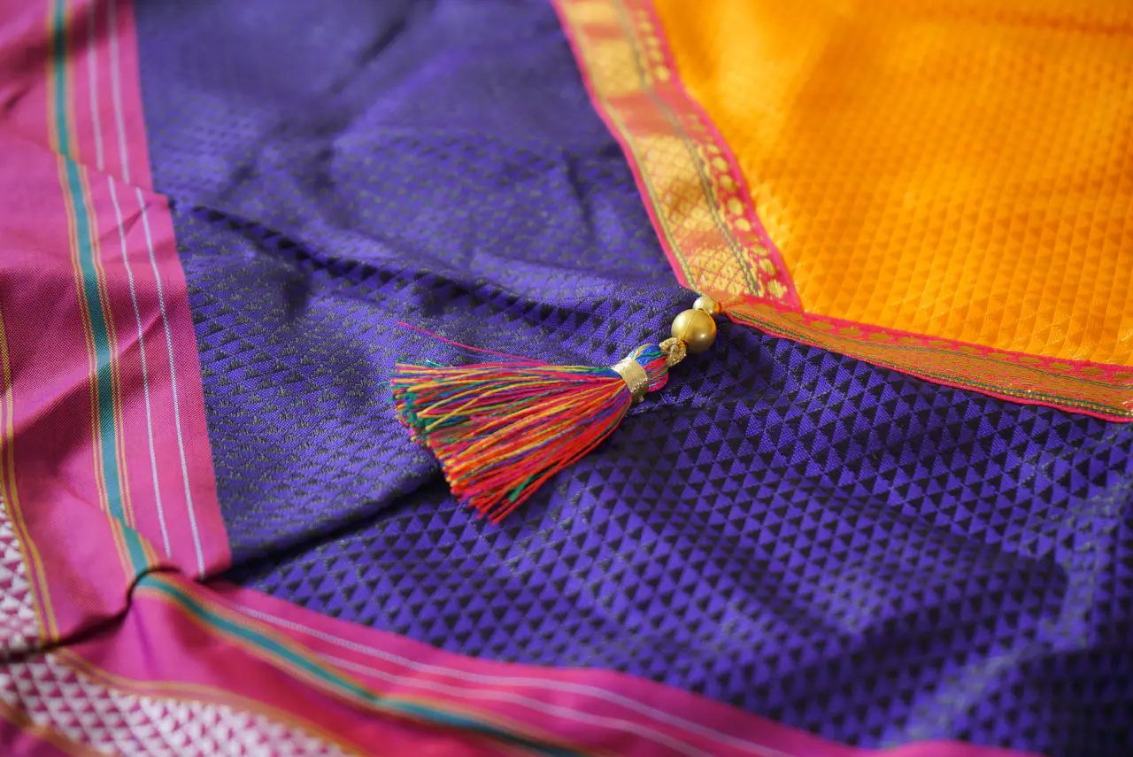 Handcrafted Paithani Purple Yellow Backdrop thumbnail 2