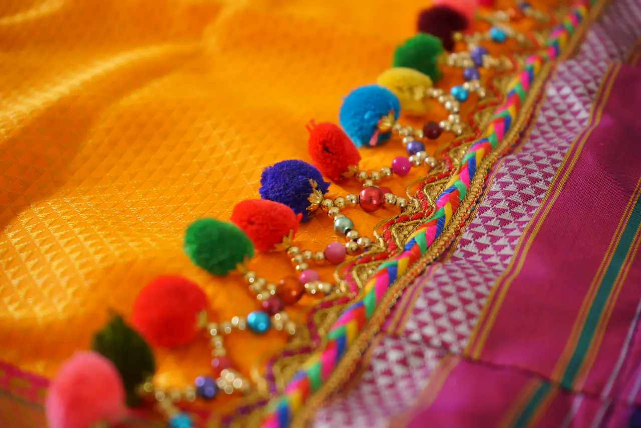 Handcrafted Paithani Purple Yellow Backdrop thumbnail 3