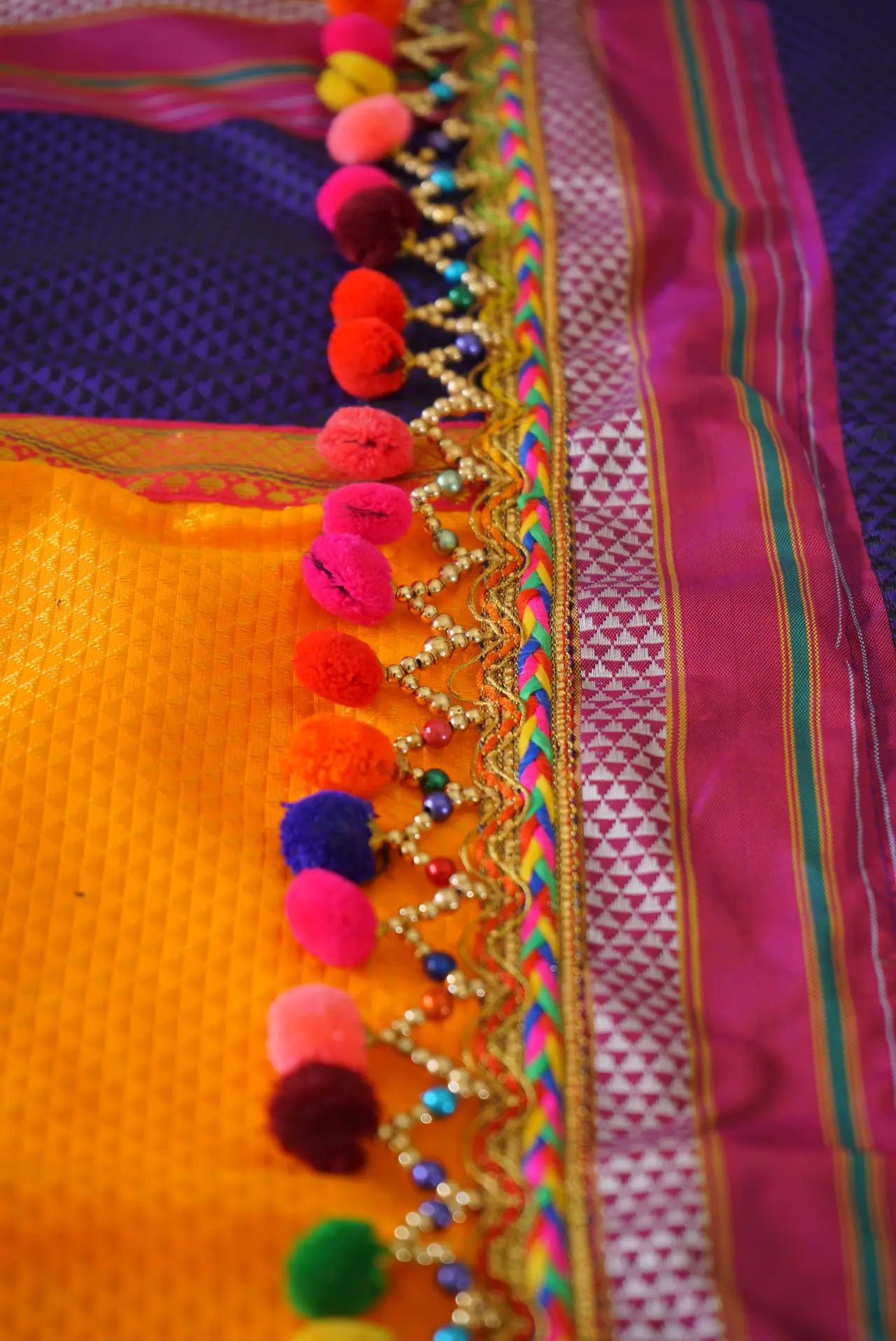 Handcrafted Paithani Purple Yellow Backdrop thumbnail 4