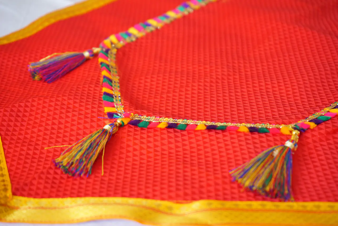 Handcrafted Paithani Red Thin Border Backdrop thumbnail 2